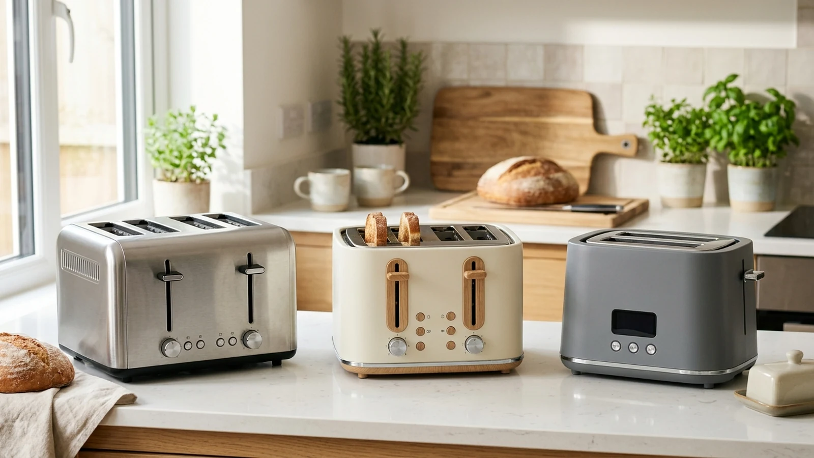 Photorealistic image of toasters for a UK shortlist buying guide.