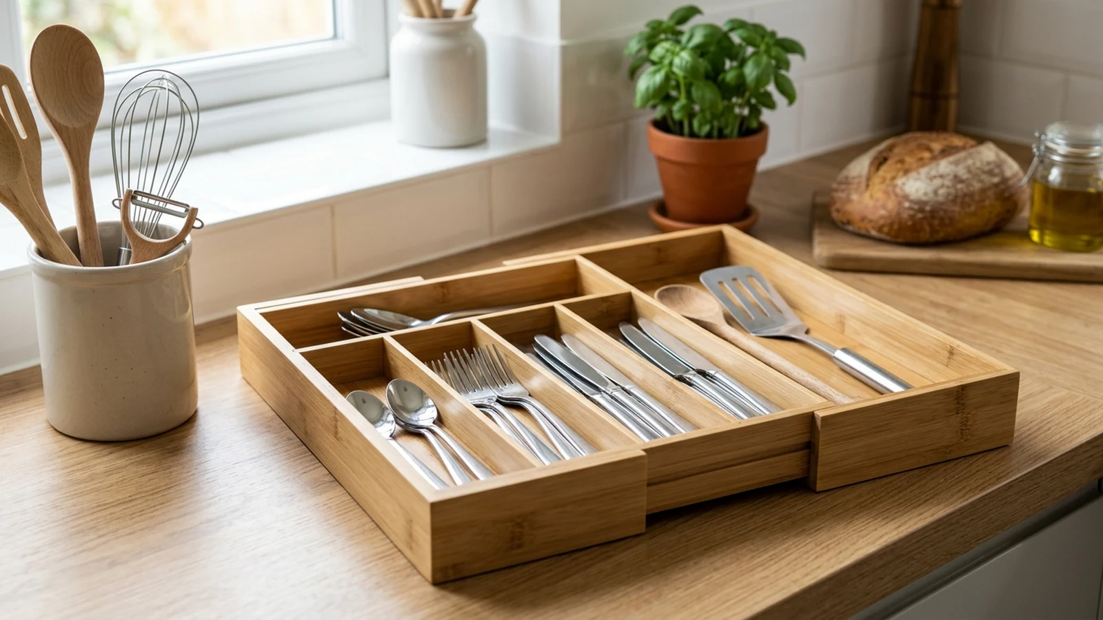 Photorealistic image of utensil drawer organisers for a UK shortlist buying guide.