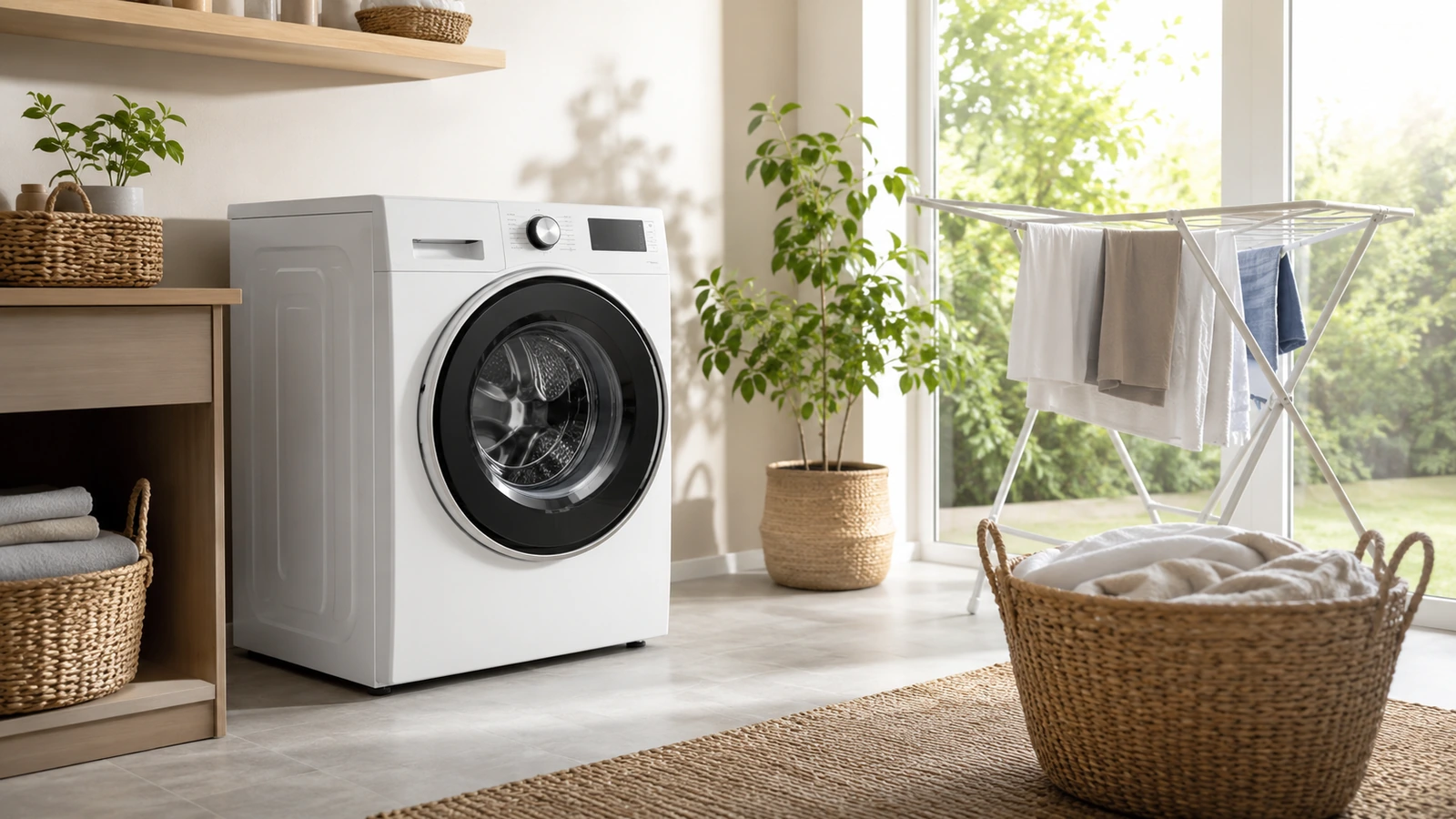 Photorealistic shortlist image for Best Energy Efficient Washing Machines in the UK (2026), showing a clean laundry-appliances buying-guide scene.