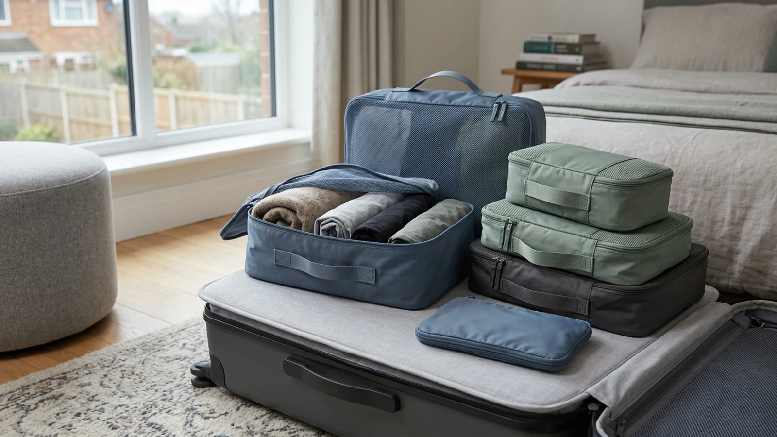 Photorealistic image of packing cubes for a UK shortlist buying guide.