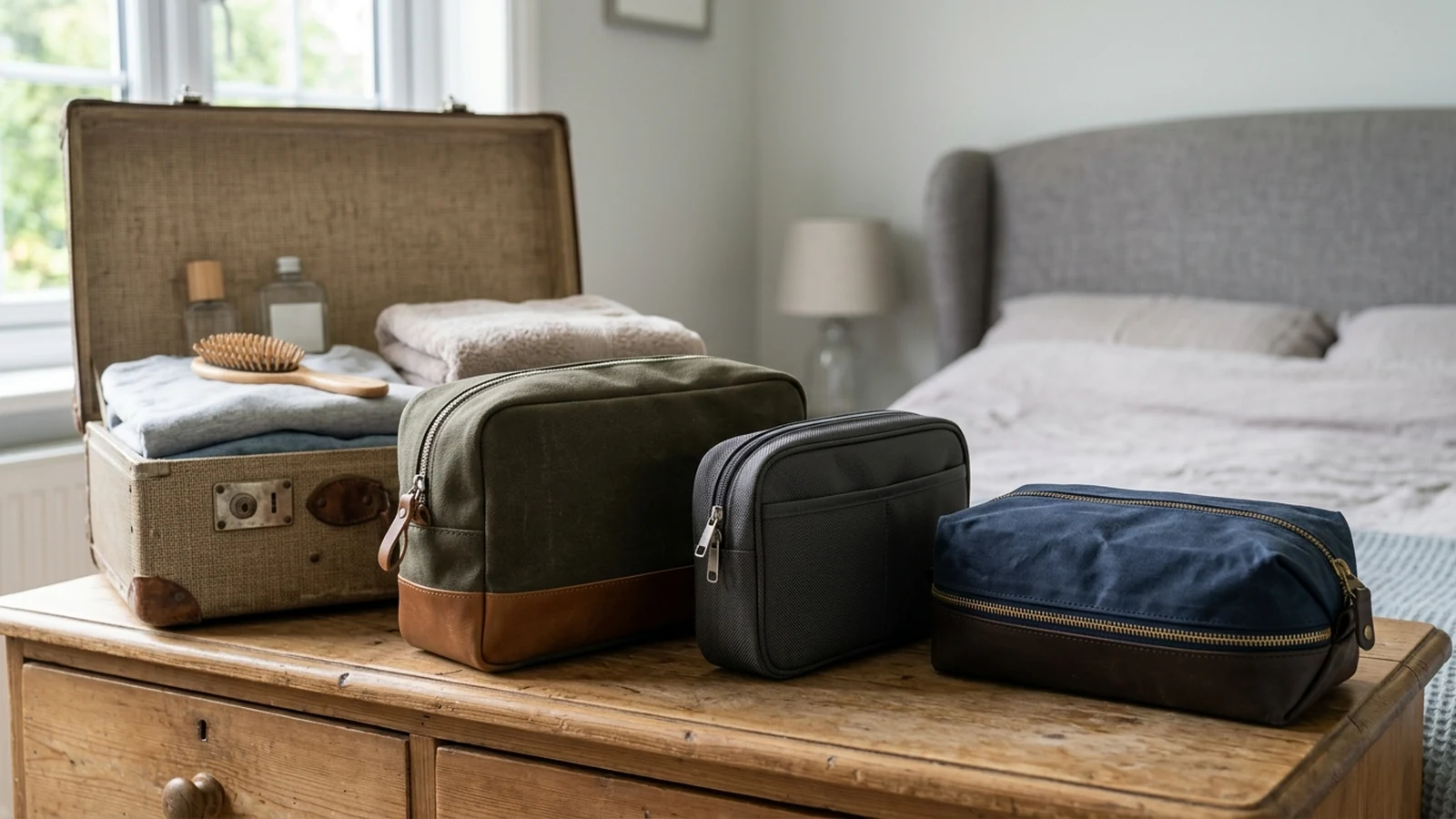 Photorealistic image of toiletry bags for travel for a UK shortlist buying guide.