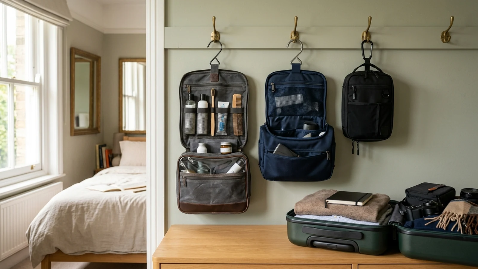 Illustrated shortlist cover for Best Toiletry Bags with Hooks in the UK (2026).