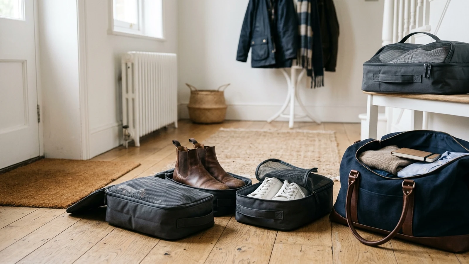 Photorealistic image of travel shoe bags for a UK shortlist buying guide.