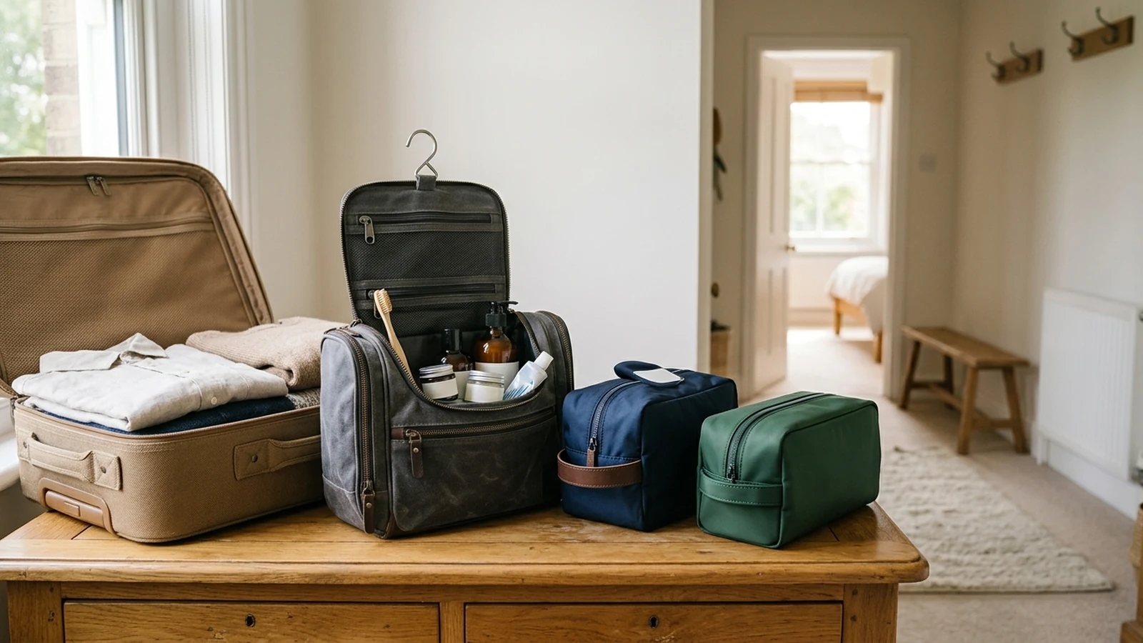 Illustrated shortlist cover for Best Travel Wash Bags in the UK (2026).