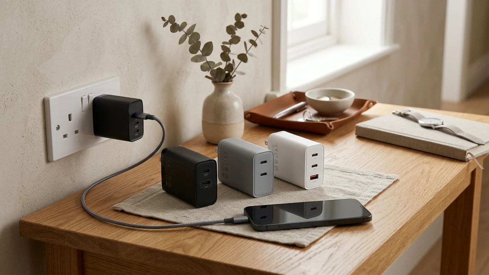 Photorealistic shortlist image for Best Fast Wall Chargers for Bedside Charging in the UK (2026), showing a clean mobile-everyday-tech buying-guide scene.