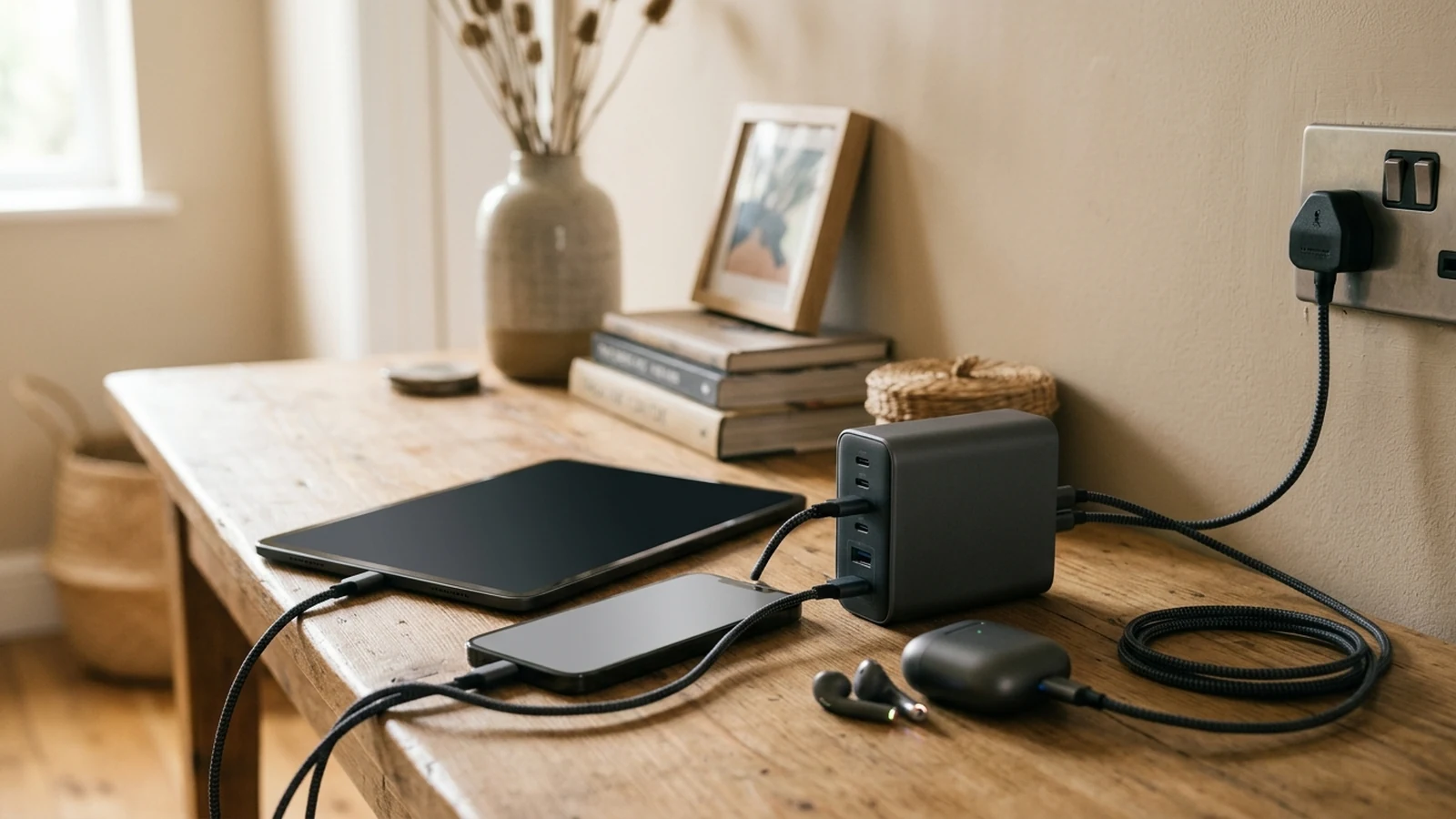 Photorealistic image of multi-port chargers for family devices for a UK shortlist buying guide.