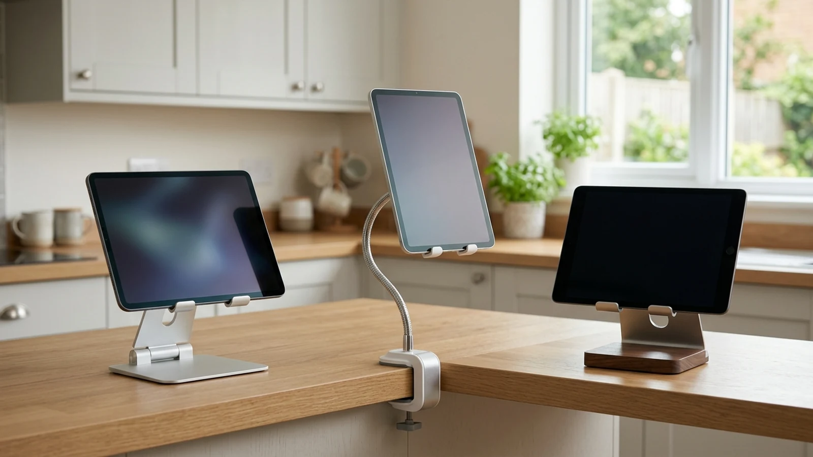 Photorealistic image of tablet stands for kitchens and desks for a UK shortlist buying guide.
