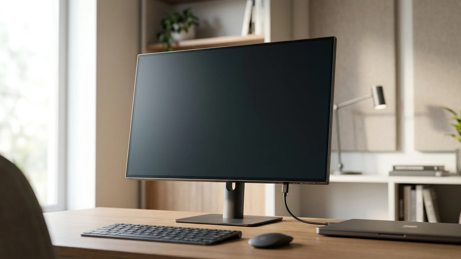 Photorealistic image of office monitors with usb-c for a UK shortlist buying guide.