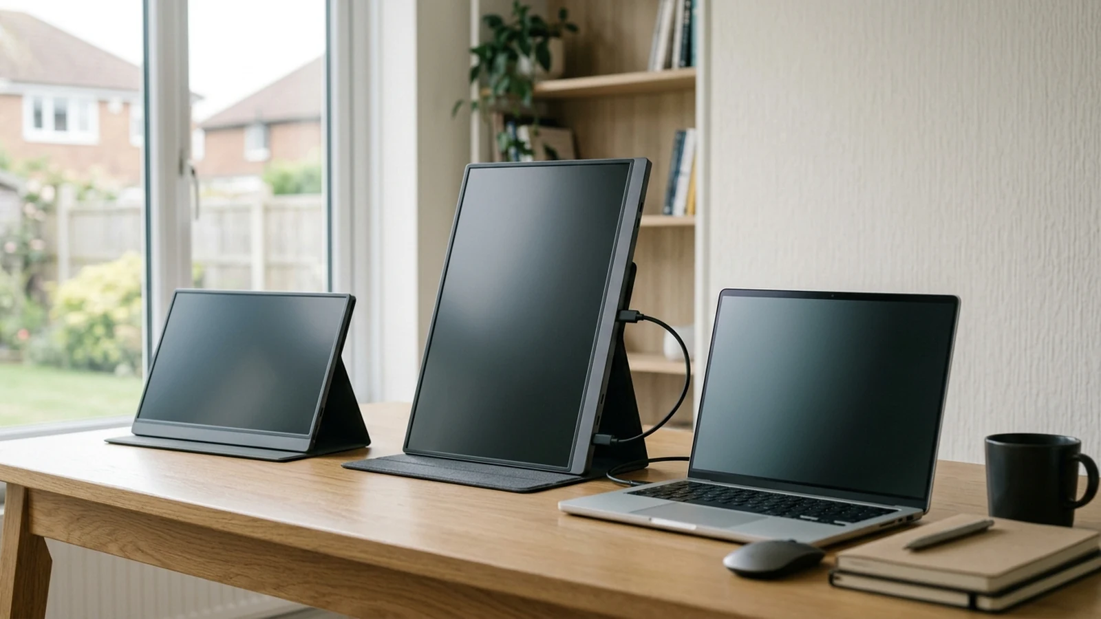 Photorealistic image of portable monitors for laptops for a UK shortlist buying guide.