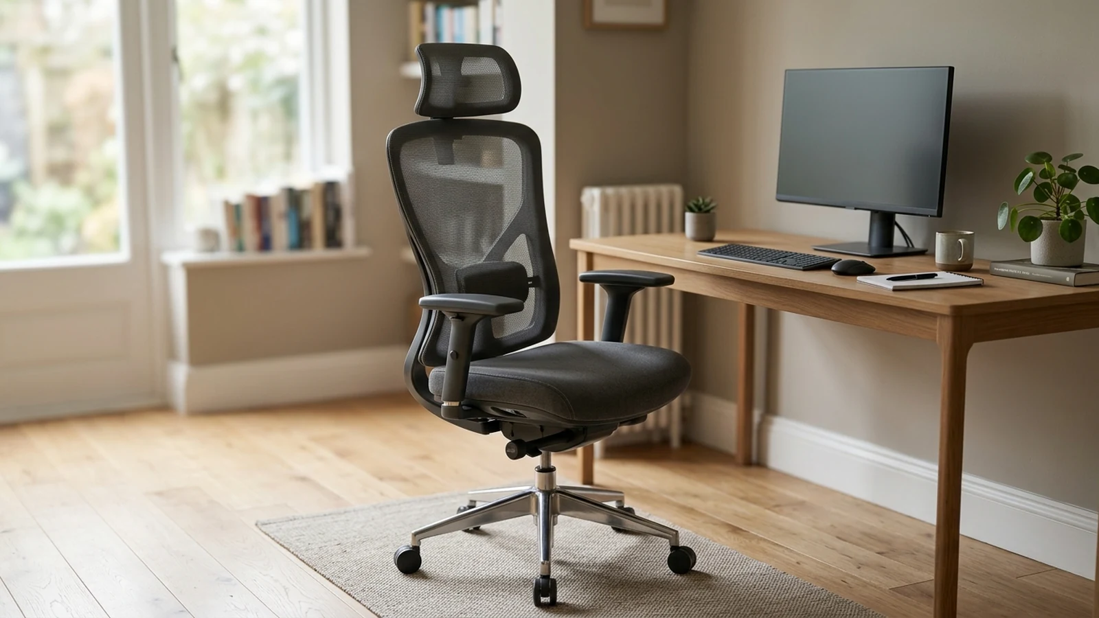 Photorealistic image of office chairs for long meeting days for a UK shortlist buying guide.
