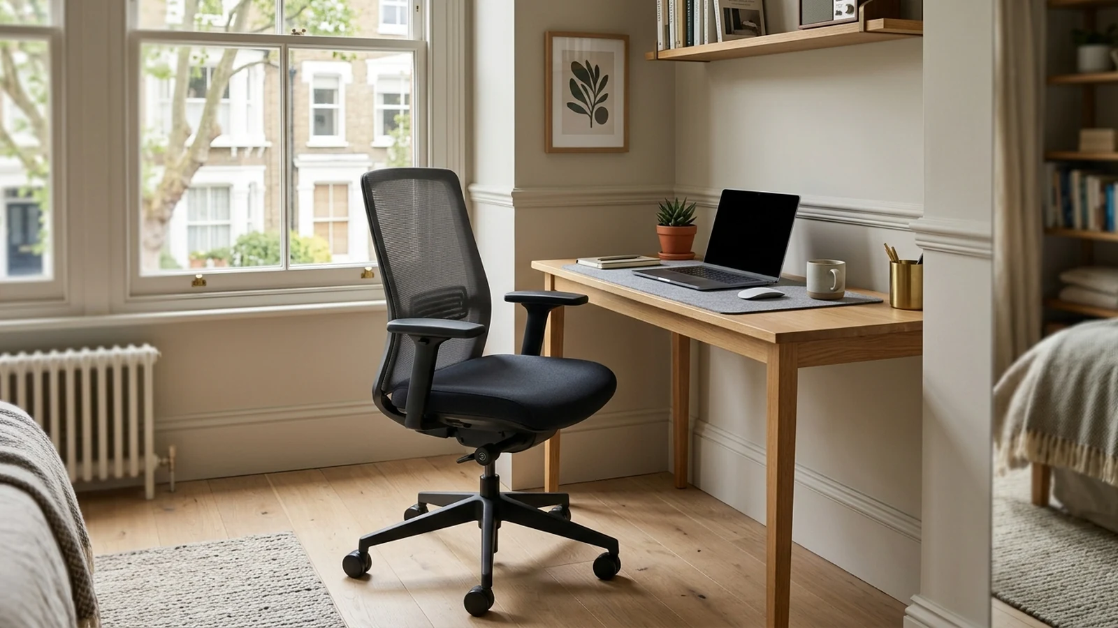 Photorealistic image of office chairs for narrow desks for a UK shortlist buying guide.