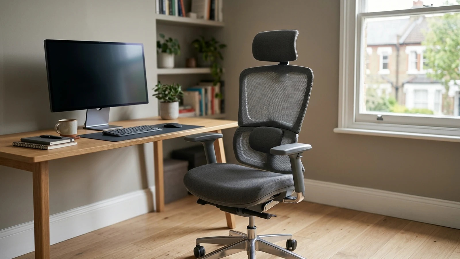 Photorealistic image of office chairs for neck support for a UK shortlist buying guide.