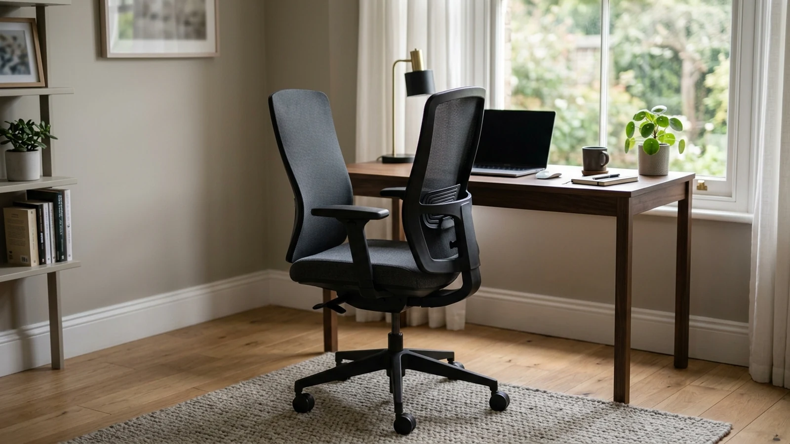 Photorealistic image of office chairs for quiet home offices for a UK shortlist buying guide.