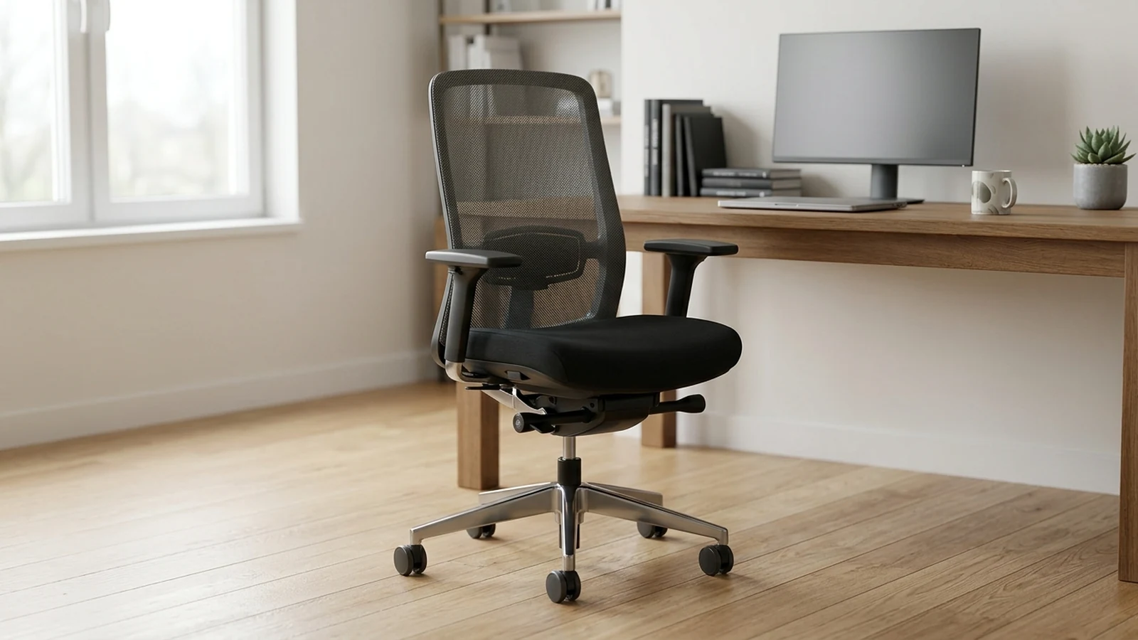 Photorealistic image of office chairs for wood floors for a UK shortlist buying guide.