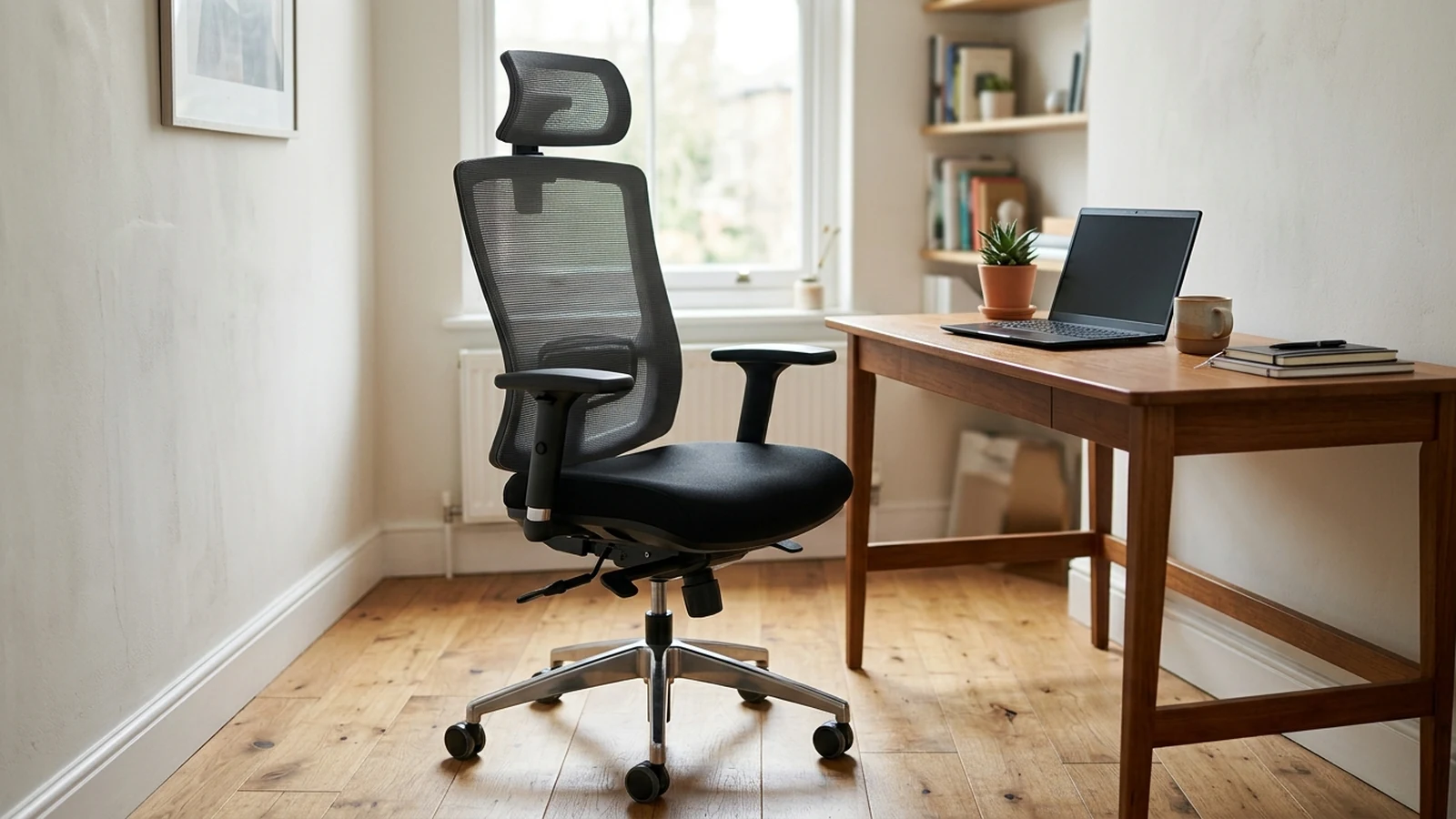 Photorealistic image of office chairs under £200 for a UK shortlist buying guide.