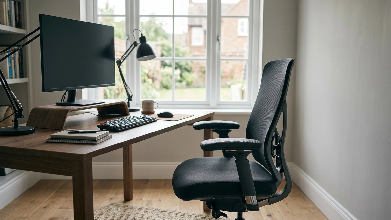 Photorealistic image of office chairs with adjustable arms for a UK shortlist buying guide.