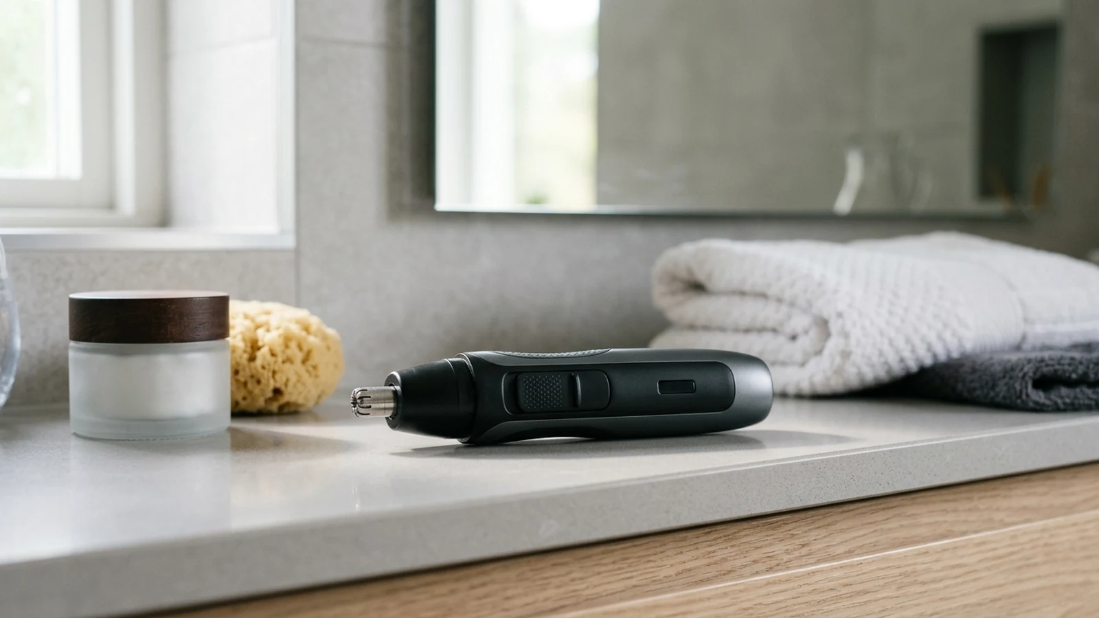 Photorealistic image of nose and ear trimmers under £25 for a UK shortlist buying guide.