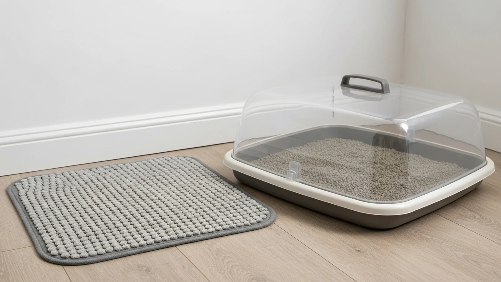 Photorealistic shortlist image for Best Cat Litter Mats in the UK (2026), showing a clean pet supplies buying-guide scene.