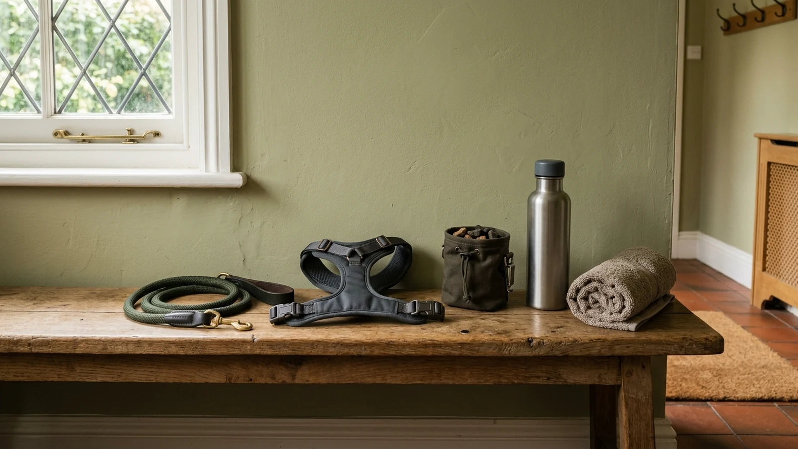 Photorealistic shortlist image for Best Dog Walking Essentials for New Owners in the UK (2026), showing a clean pet-supplies buying-guide scene.
