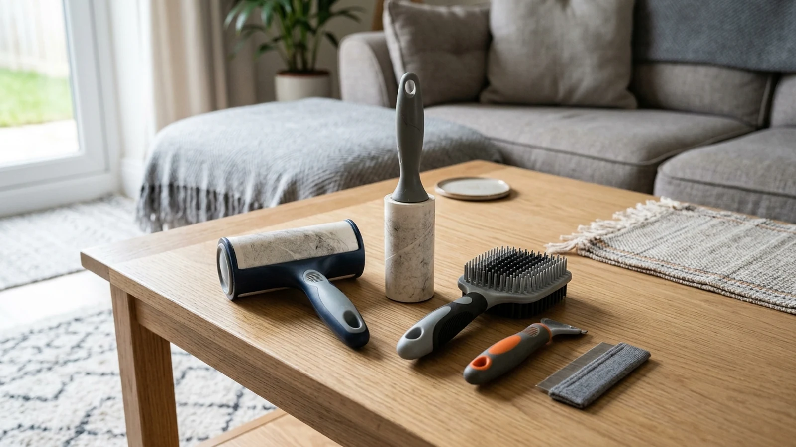 Photorealistic image of pet hair rollers and tools for a UK shortlist buying guide.
