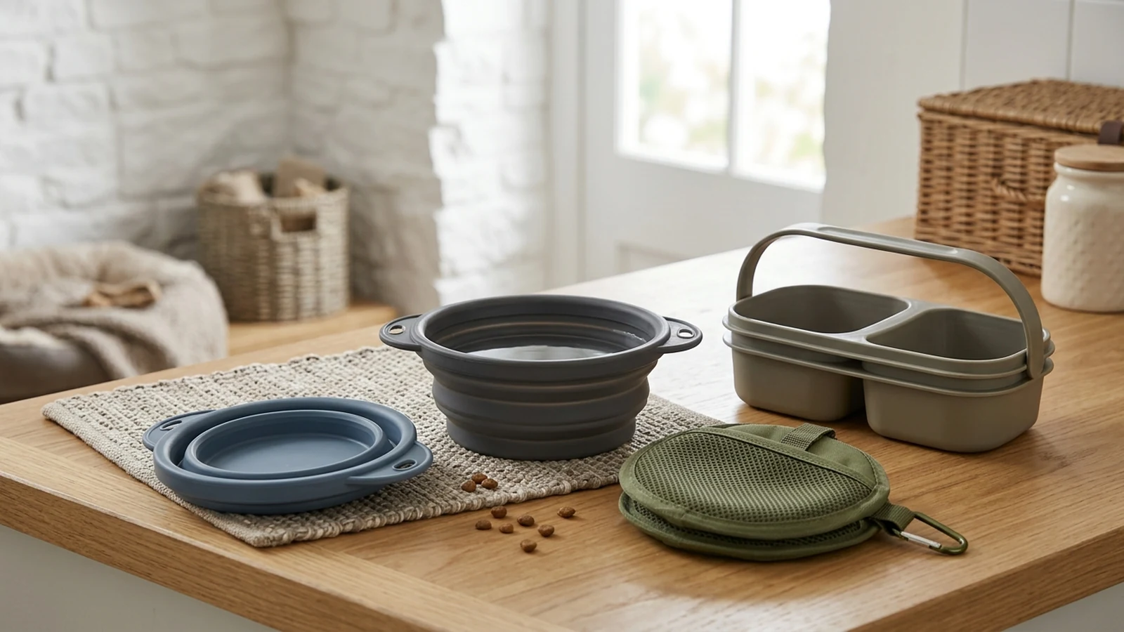 Photorealistic image of travel dog bowls for a UK shortlist buying guide.