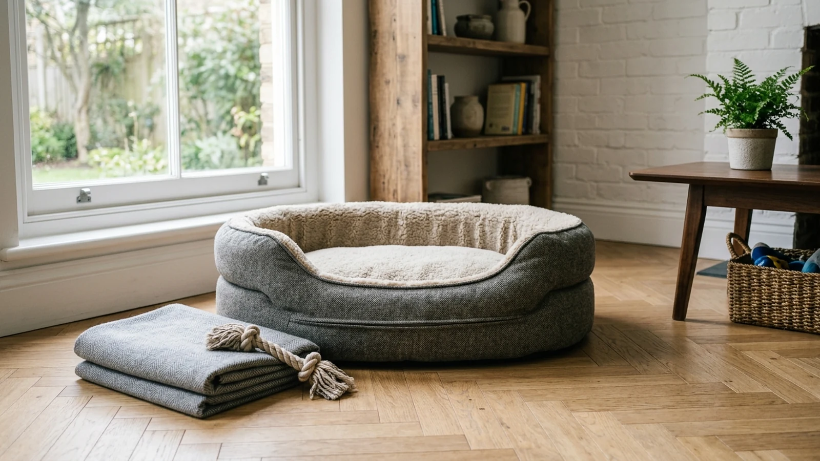 Photorealistic image of washable dog beds for a UK shortlist buying guide.