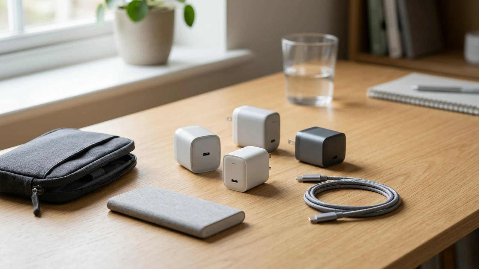 Illustrated shortlist card for compact USB-C wall chargers for spare bags.