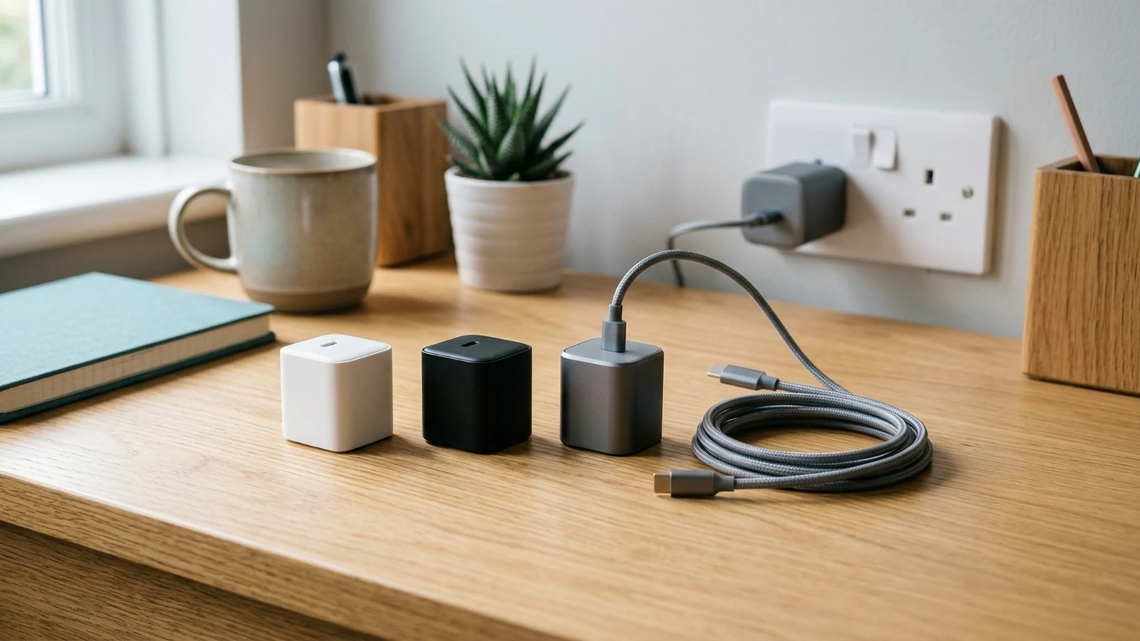 Photorealistic shortlist image for Best GaN Chargers for Home Offices in the UK (2026), showing a clean portable-power buying-guide scene.