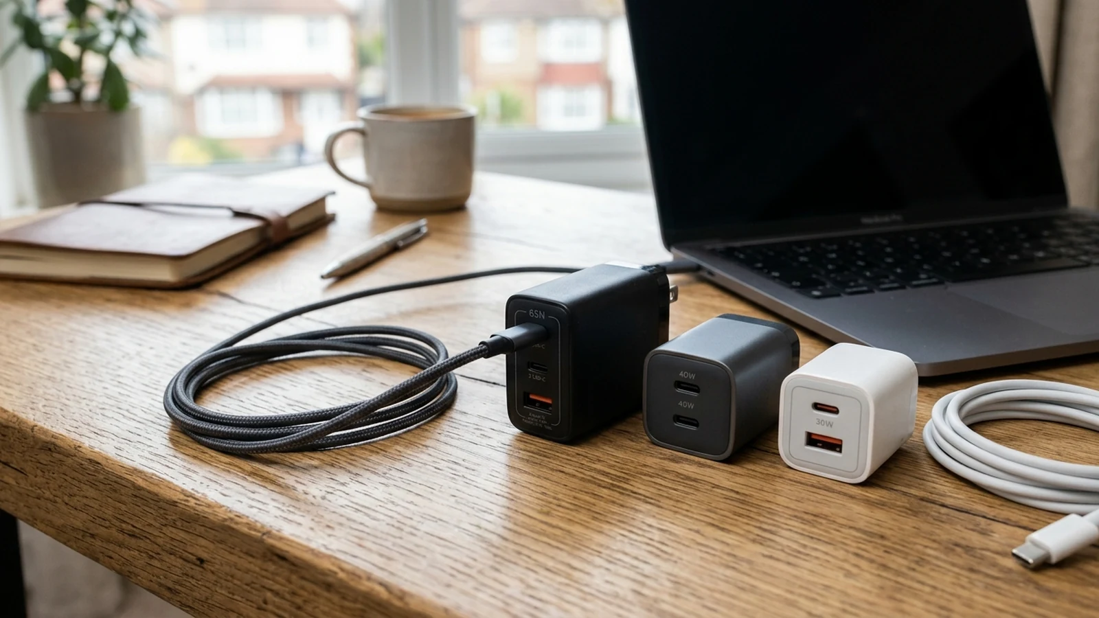 Photorealistic image of multi-port usb-c chargers for a UK shortlist buying guide.