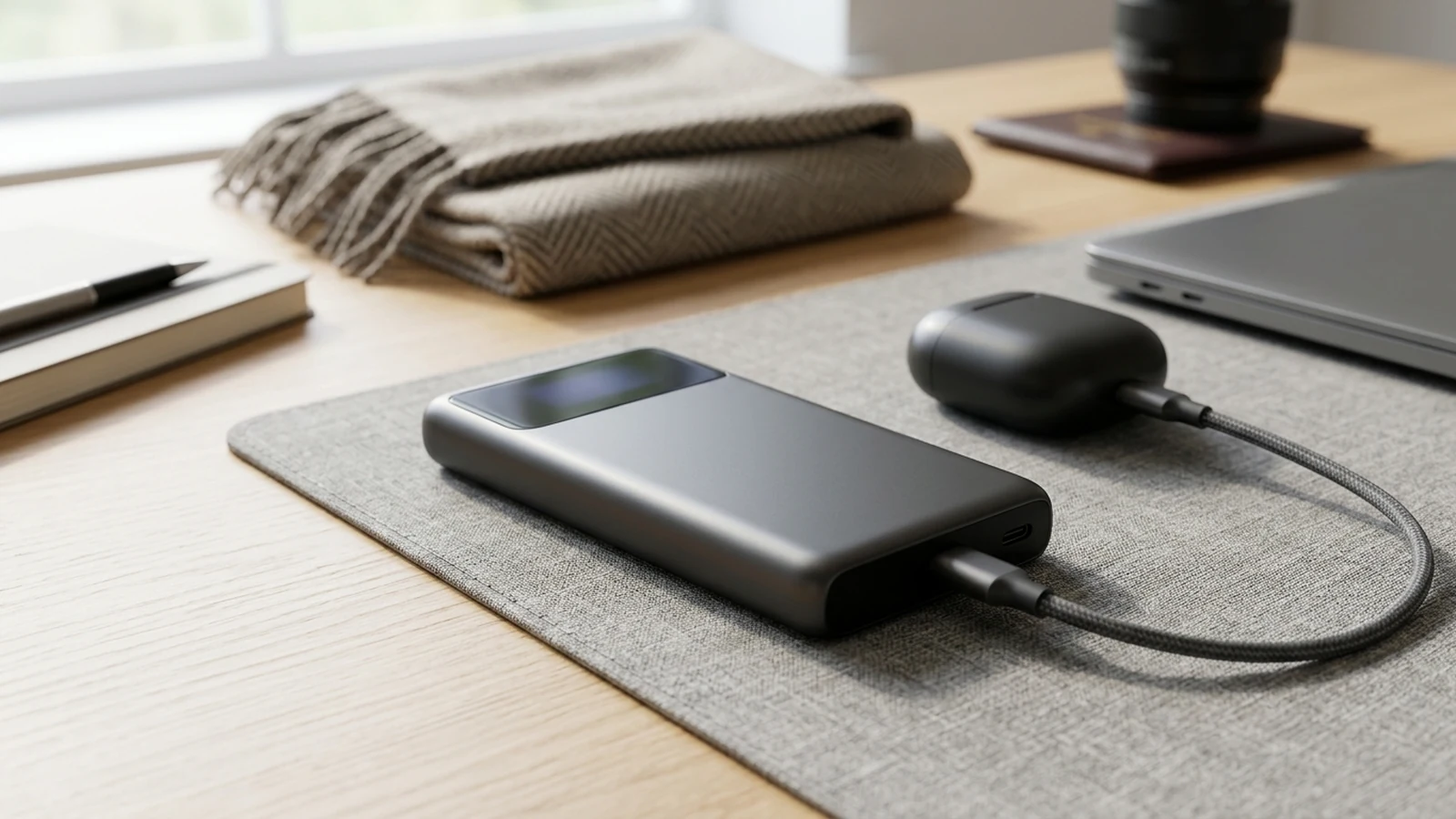 Photorealistic image of power banks with digital displays for a UK shortlist buying guide.