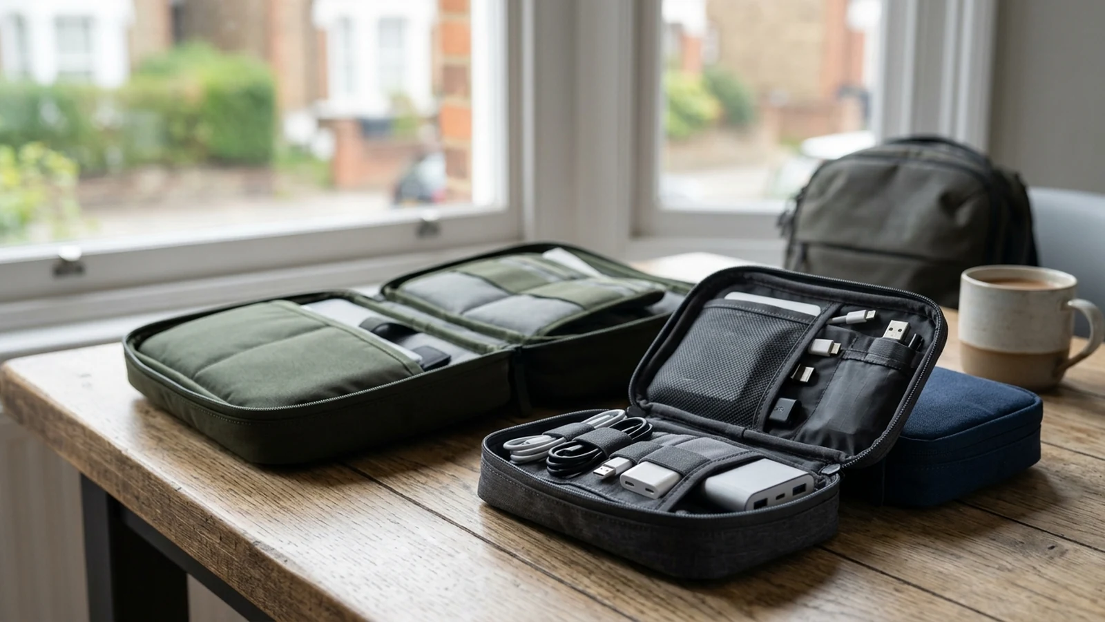 Photorealistic image of tech organiser pouches for commuters for a UK shortlist buying guide.