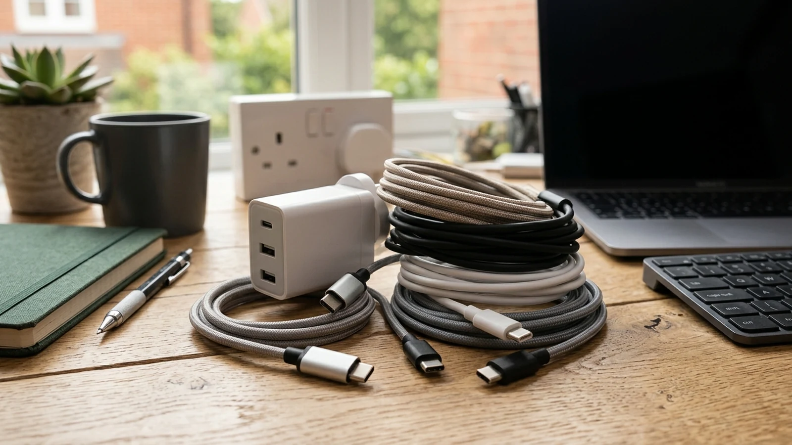 Photorealistic image of usb-c cables for renter desk setups for a UK shortlist buying guide.