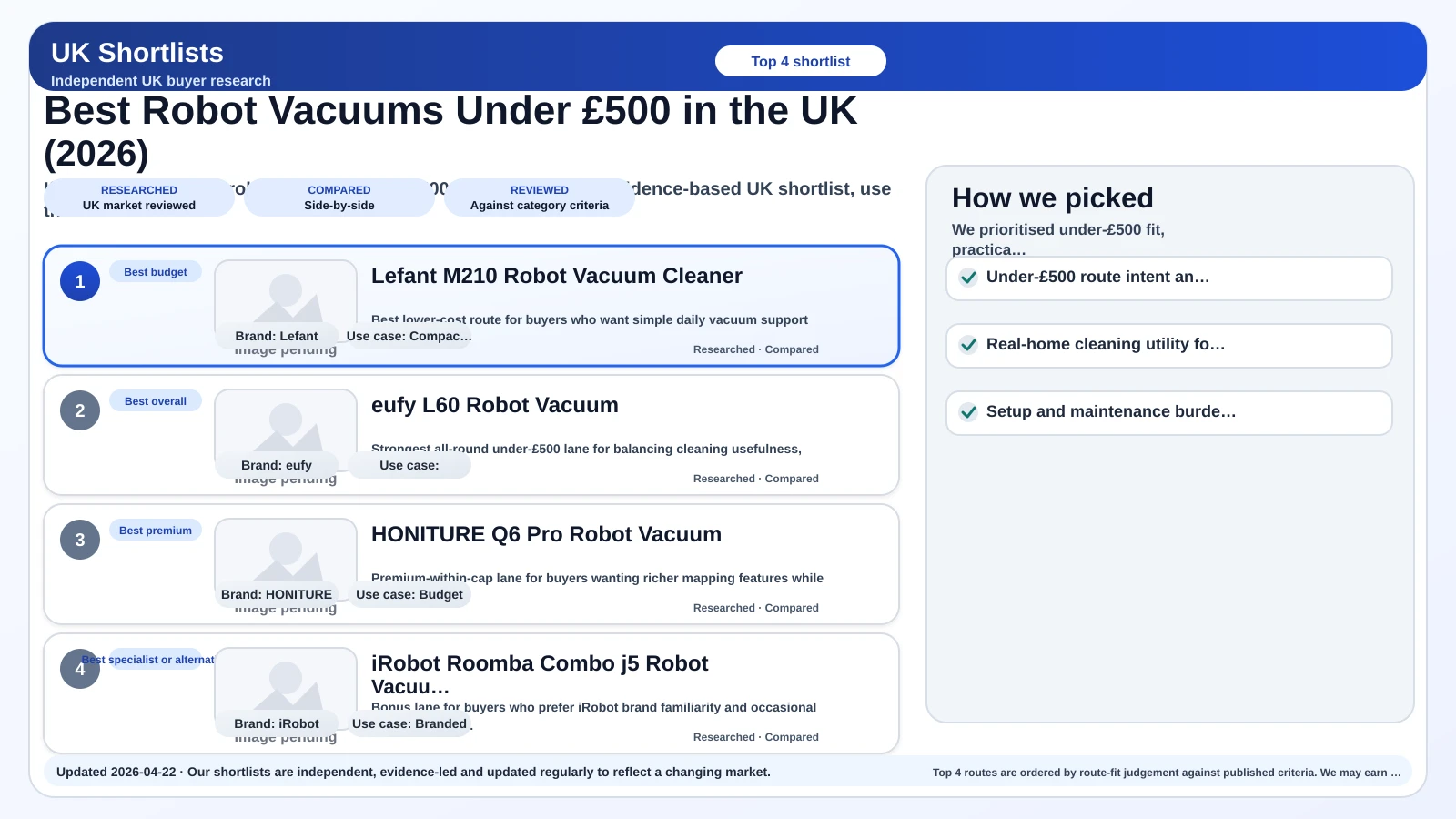Card image for Best Robot Vacuums Under £500 in the UK (2026).