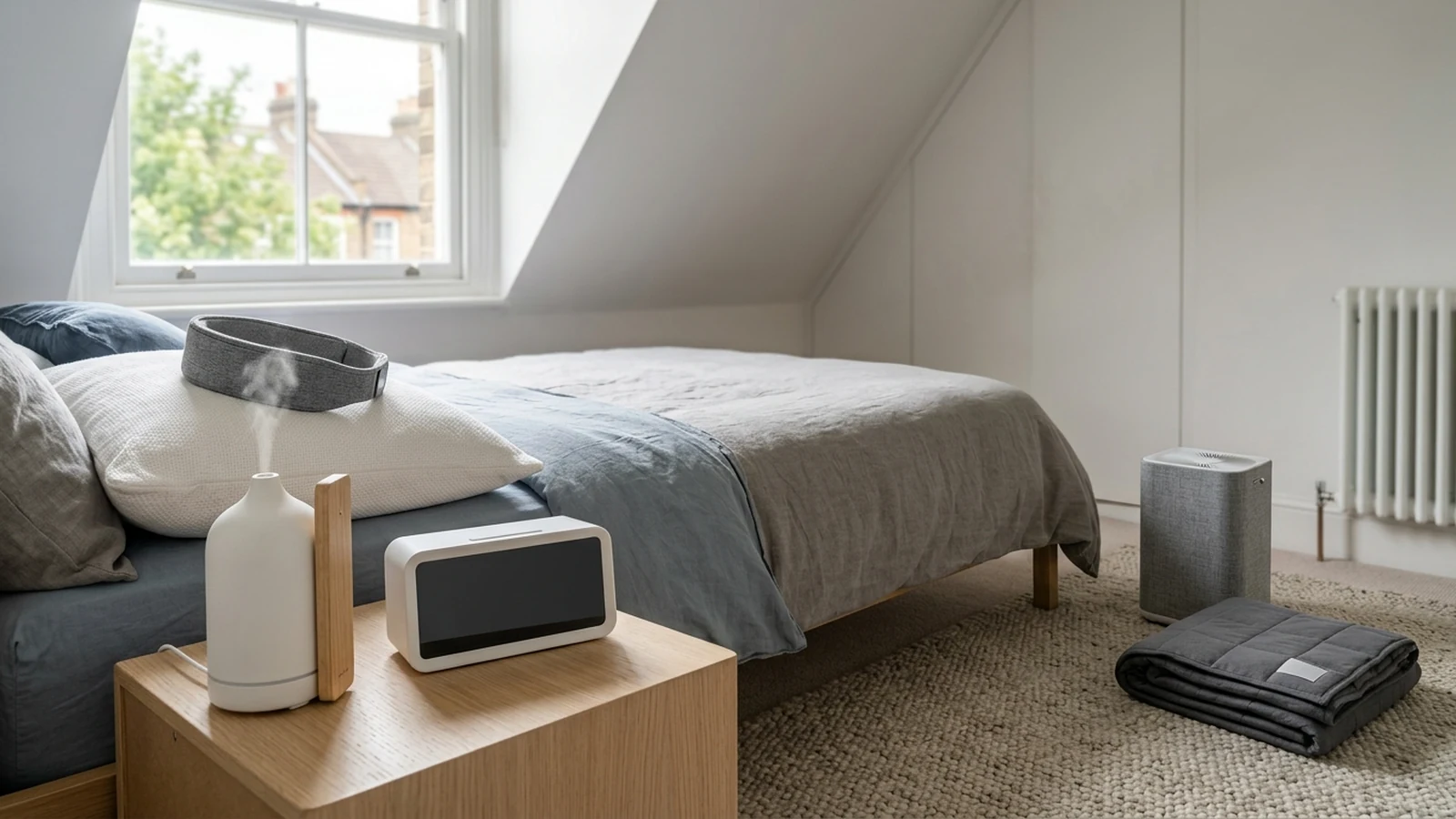 Photorealistic image of sleep comfort gadgets small bedrooms for a UK shortlist buying guide.