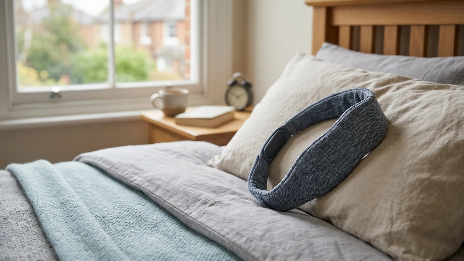 Photorealistic image of sleep headphones for side sleepers for a UK shortlist buying guide.