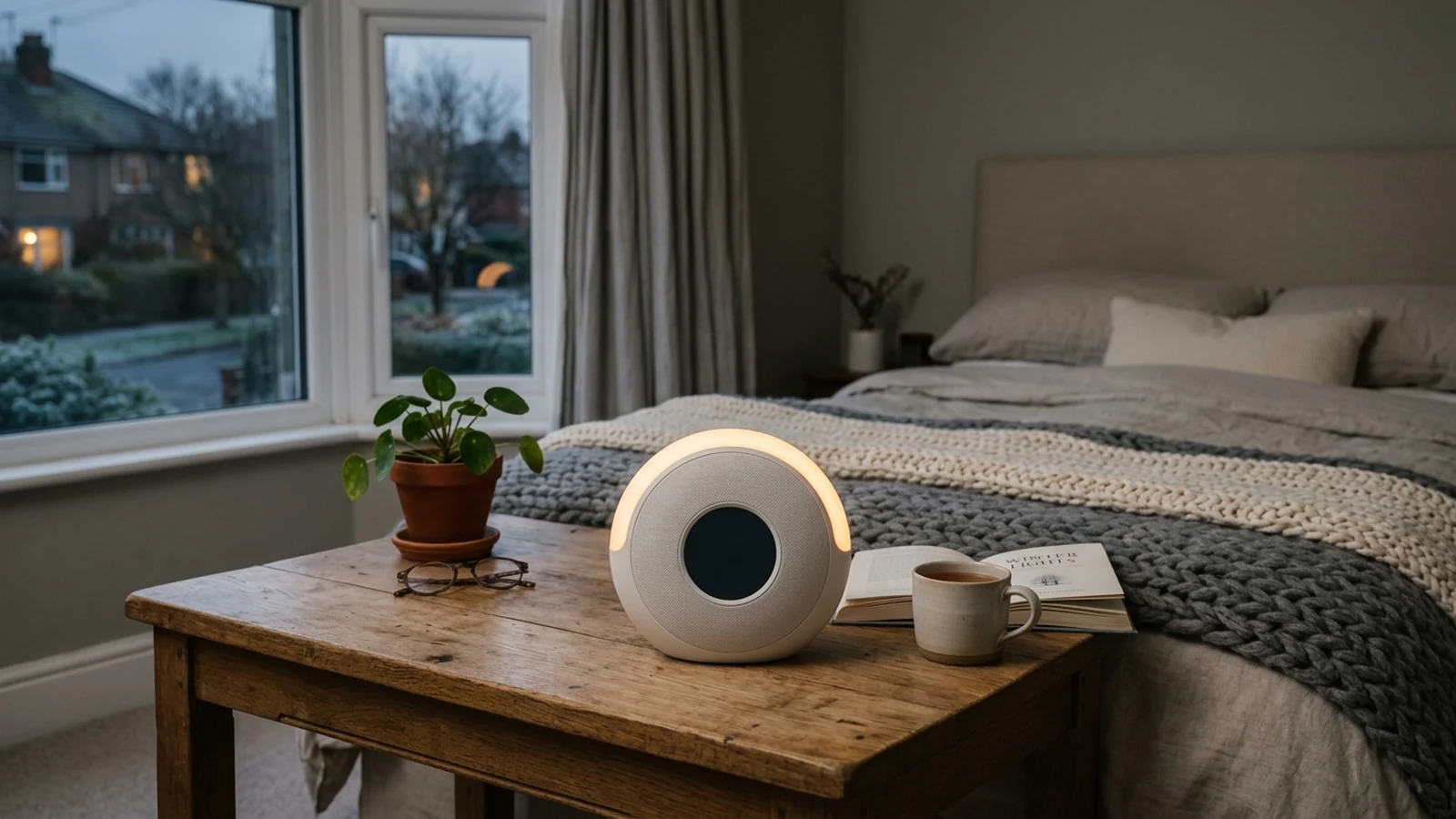 Photorealistic image of sunrise alarm clocks for dark winter mornings for a UK shortlist buying guide.