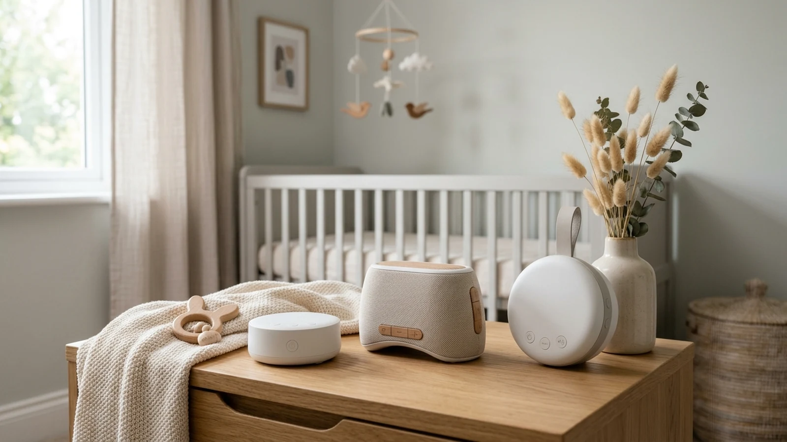 Photorealistic image of white noise machines for babies for a UK shortlist buying guide.