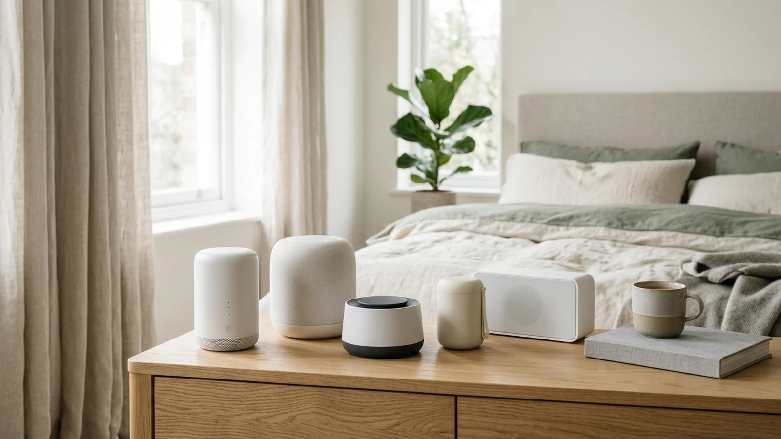 Photorealistic image of white noise machines for light sleepers for a UK shortlist buying guide.